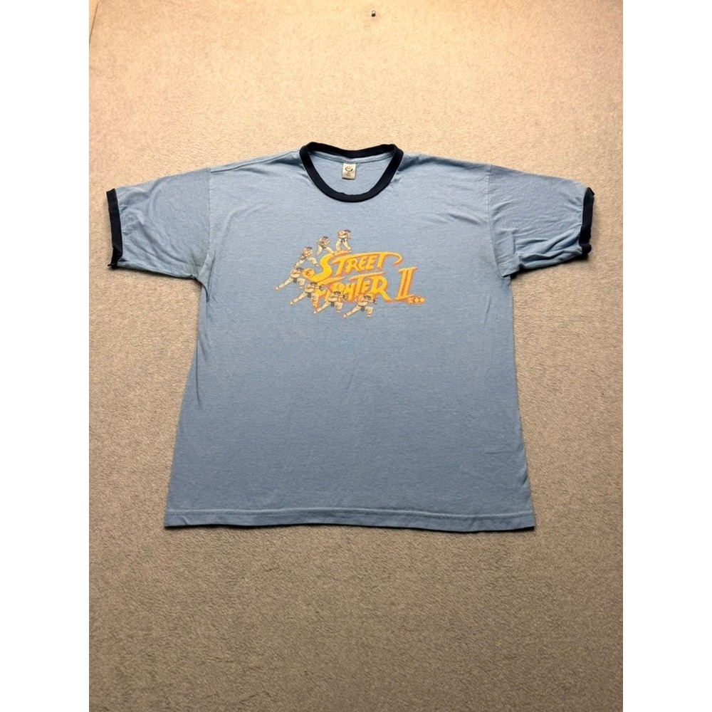 Vintage Street Fighter II Ryu Ringer T-Shirt Mens XL Light Blue Capcom 90s USA